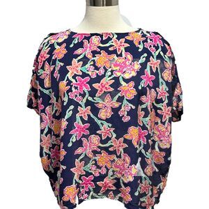 Lilly Pulitzer Trace Floral 100% Silk Blouse Womens‎ XS Blue Pink Preppy Resort